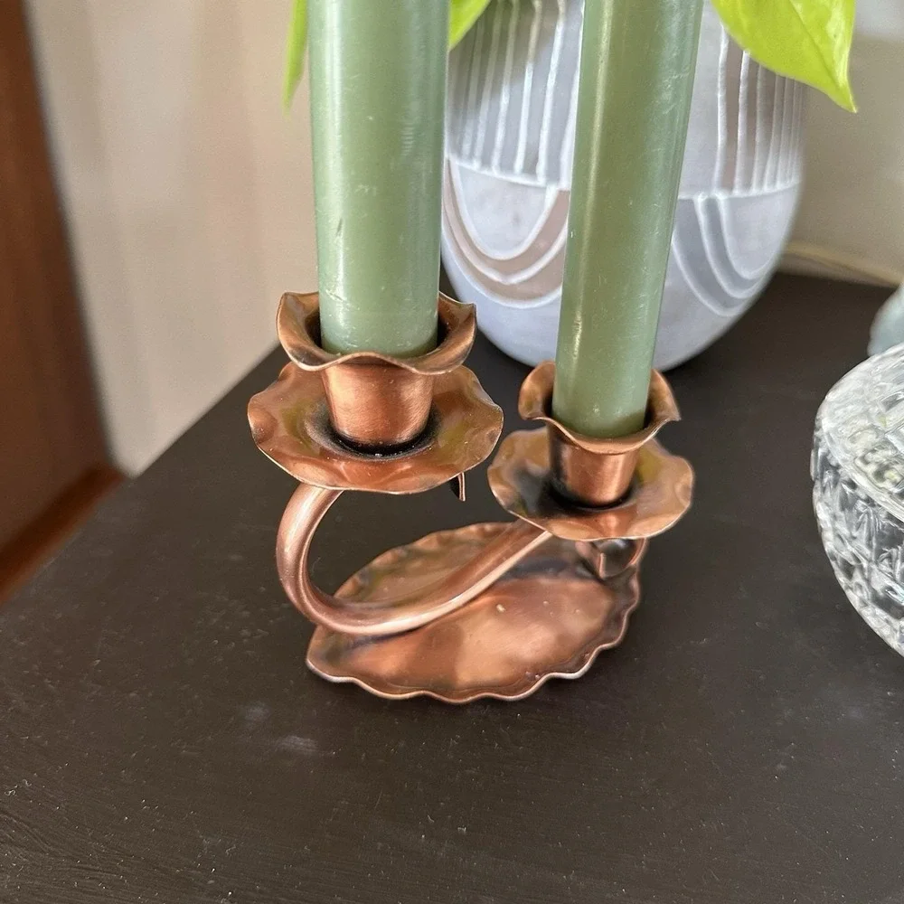 VTG Gregorian Solid Copper Double Candle Holder Scalloped Edge Cottagecore